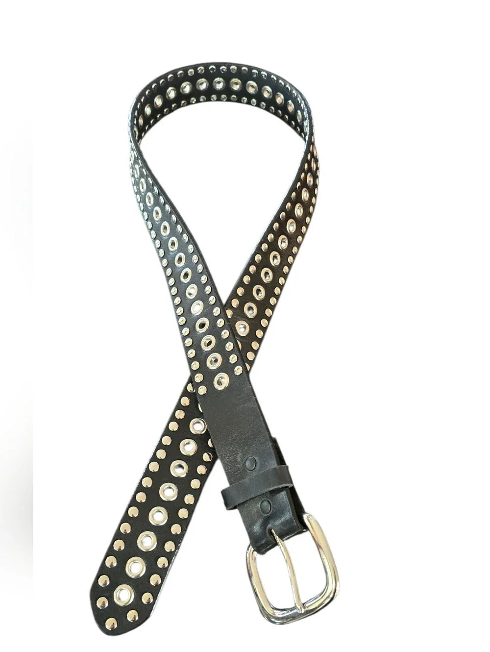 Black Grommet Leather Belt with Silver Buckle - Women
